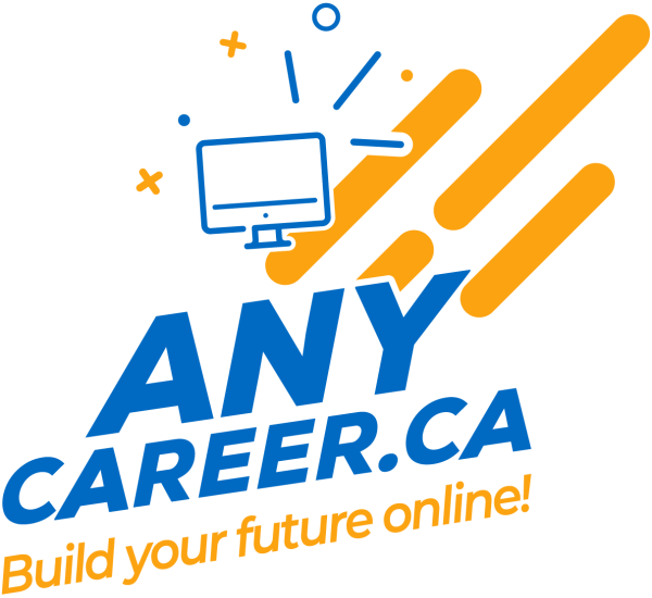 AnyCareer.ca logo in the colours orange and blue showing a drawing of a computer screen and the text, Build your future online!