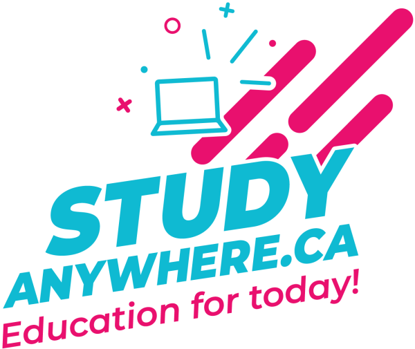 StudyAnywhere.ca logo in the colours magenta and cyan showing a drawing of a computer screen and the text, Education for today!