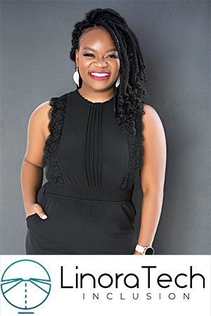 Photo of Flora Bazie, CEO and Founder of LinoraTech Inclusion, standing with a grey wall in the background, with the LinoraTech Inclusion logo at the base of the photo.