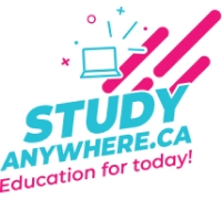 StudyAnywhere.ca logo in the colours magenta and cyan showing a drawing of a computer screen and the text, Education for today!